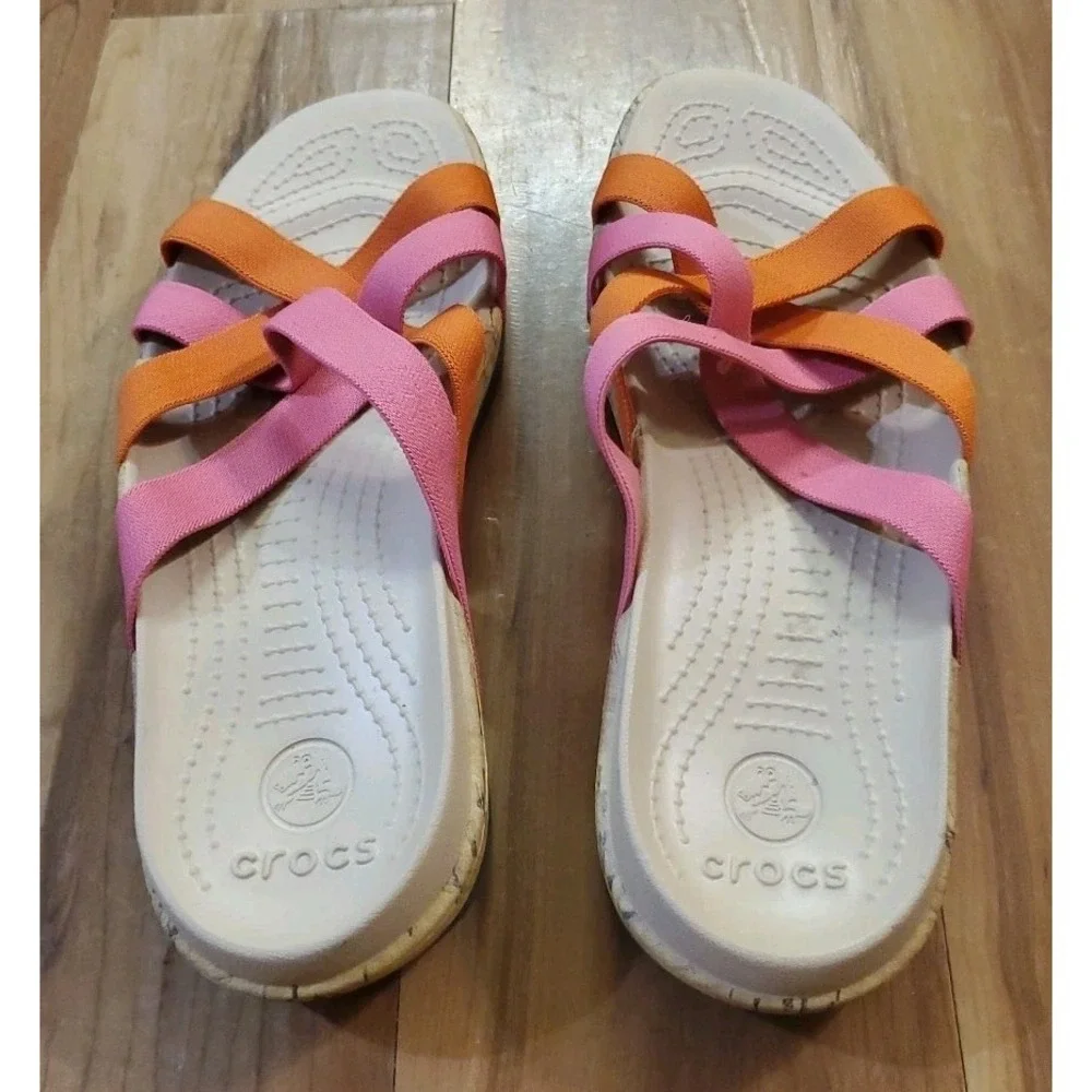 Crocs Edie Stretch Sandals Womens 10 Pink Orange‎ Slides Criss Cross Straps